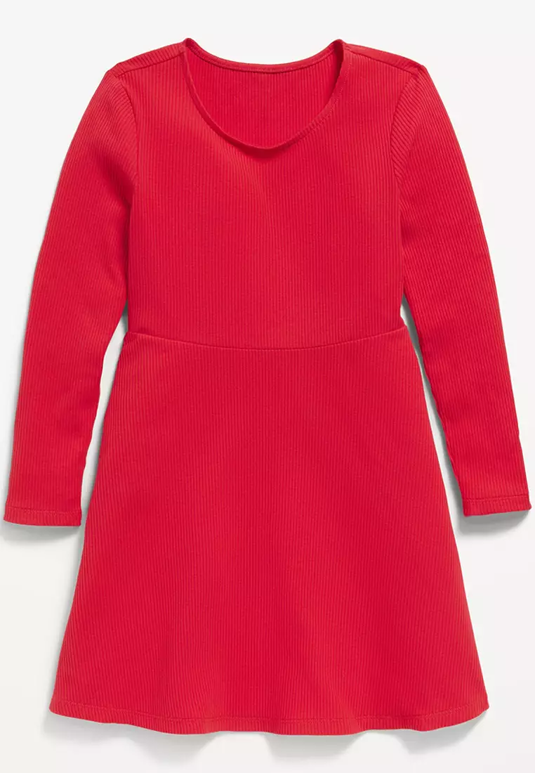 Long-Sleeve Ribbed Fit and Flare Dress for Girls