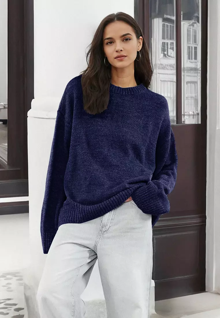 Navy Blue Wide Fit Soft Textured Knitwear Sweater