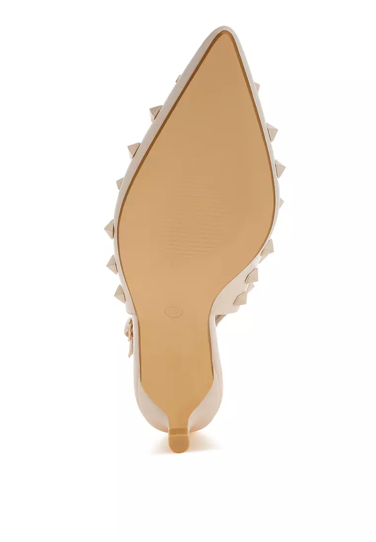 米色鉚釘裝飾小貓跟鞋