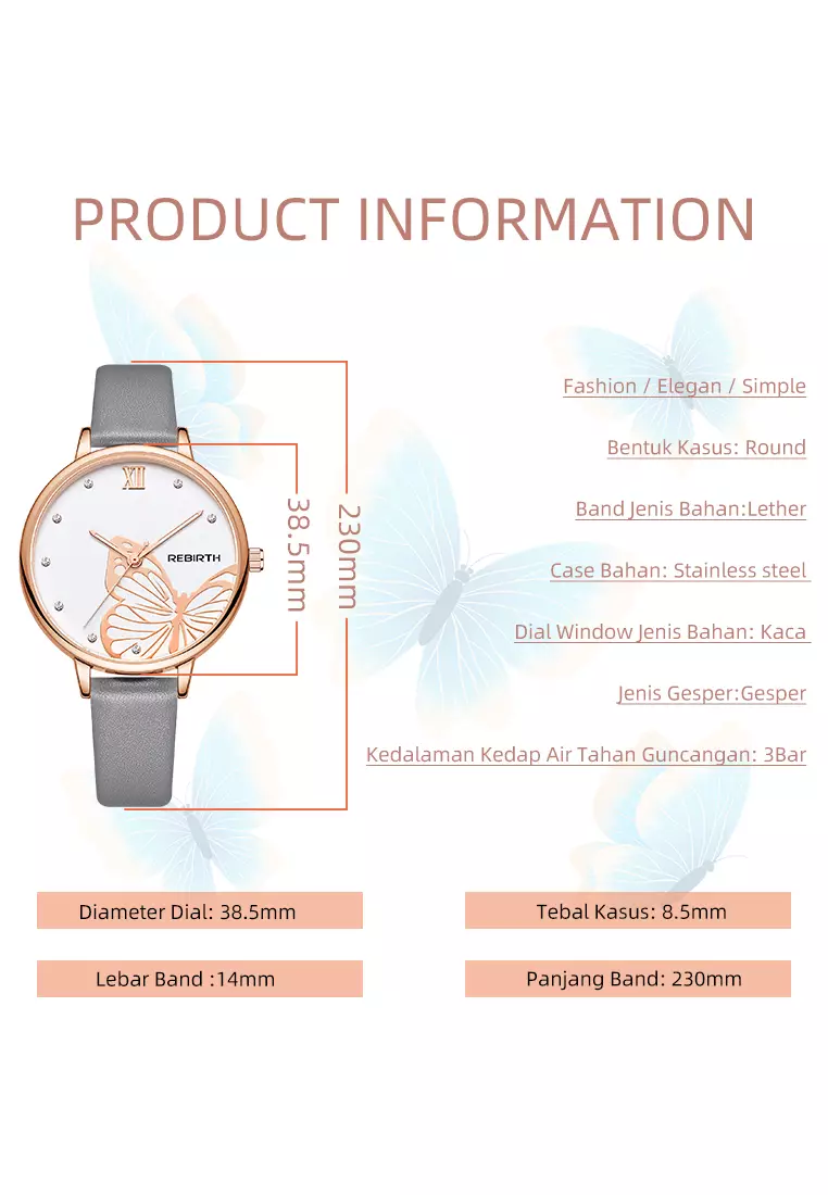 Jam Tangan Wanita Anggun Tali Kulit Display Kuarsa Tahan Air Jam Wanita Mode Jam Tangan Cewek greybutterfly