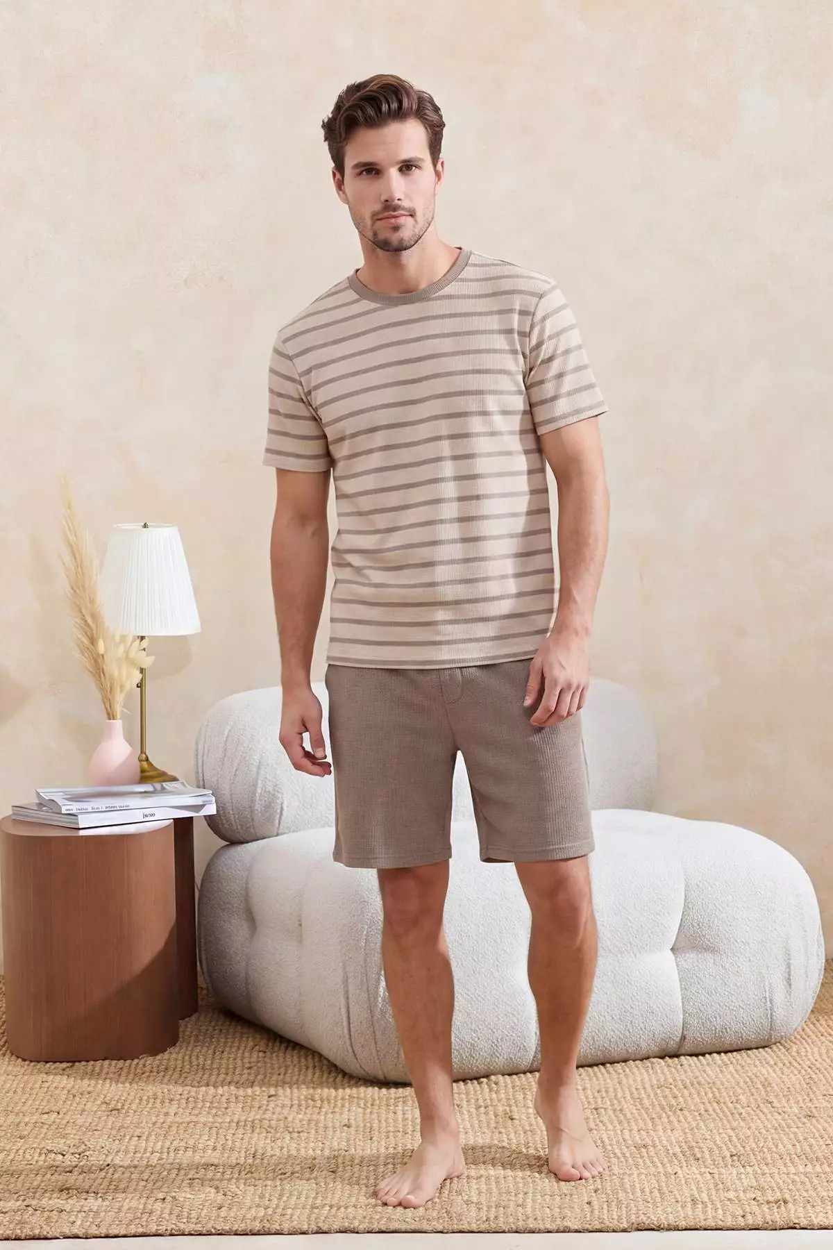 Buy Trendyol Brown-Ecru Regular Cut Striped Textured Pajama Set ...