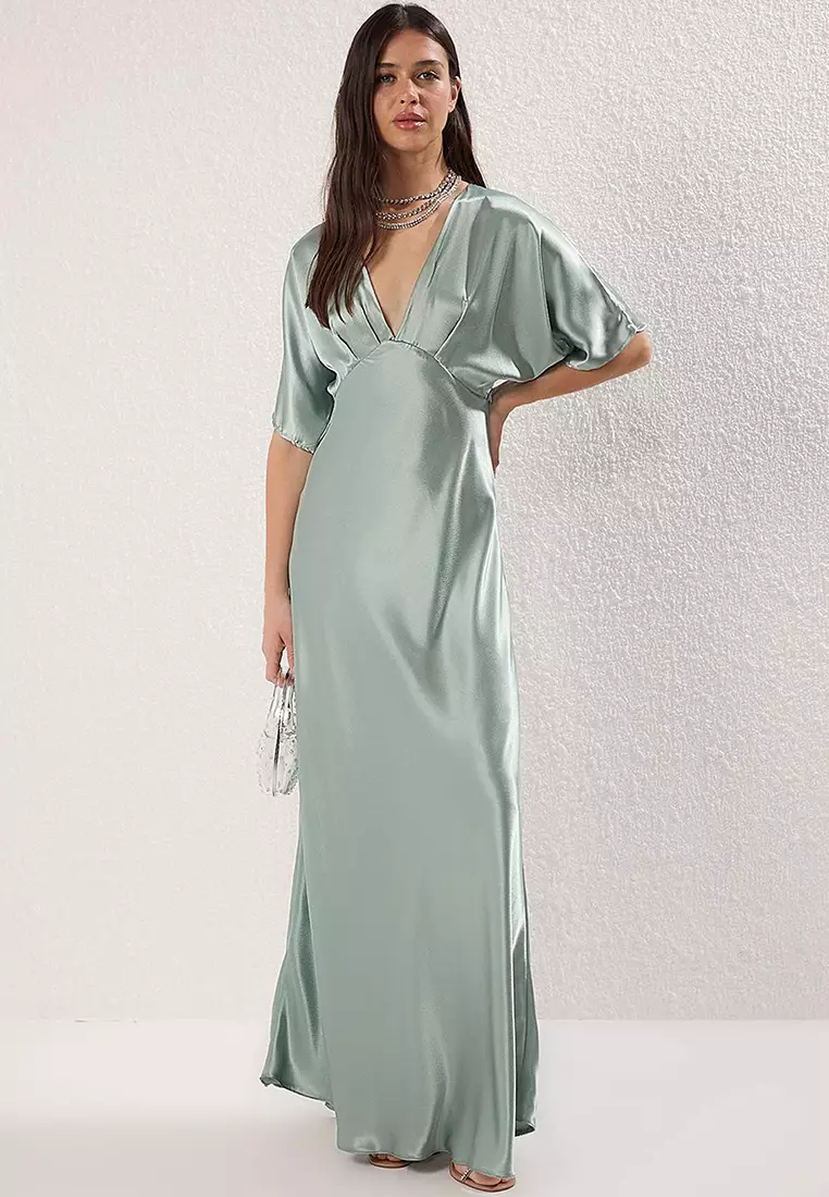 Mint V Neck Satin Maxi Evening Dress
