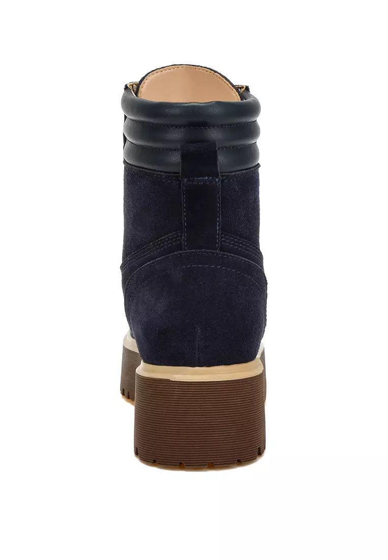 Sepatu Bot Suede Asli Pergelangan Kaki Tinggi Warna Navy