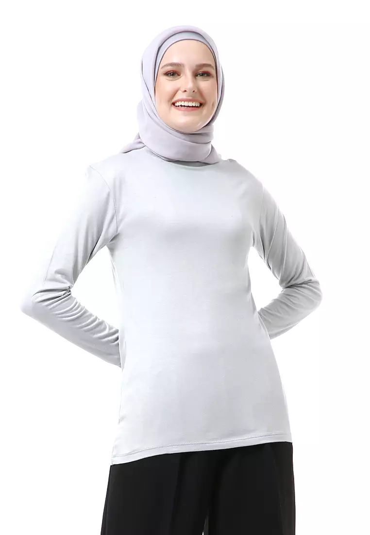 Zlora Manset Atasan Wanita Motif Polos Long Sleeve Reguler Fit - Silver