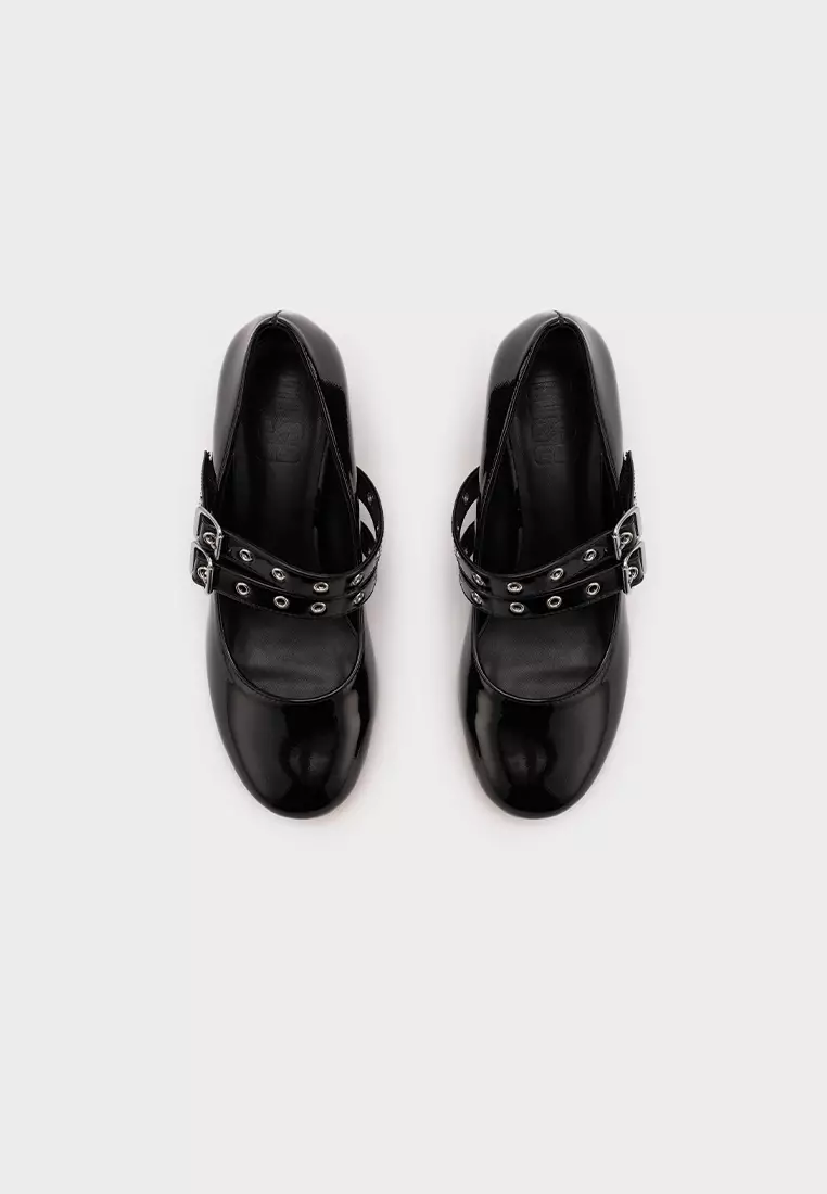 PATENT DOUBLE BUCKLE MARY JANE BLOCK HEEL PUMPS 饰扣圆頭粗跟鞋
