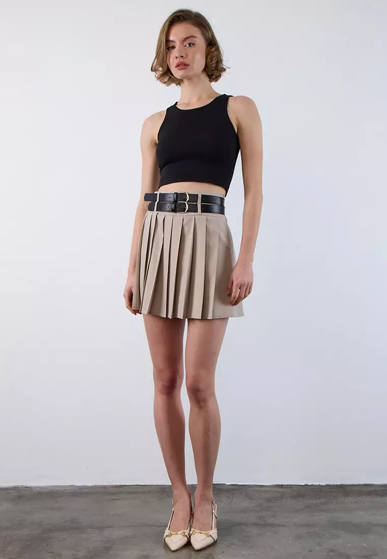 Stone Double Belted Pleated Mini Skirt