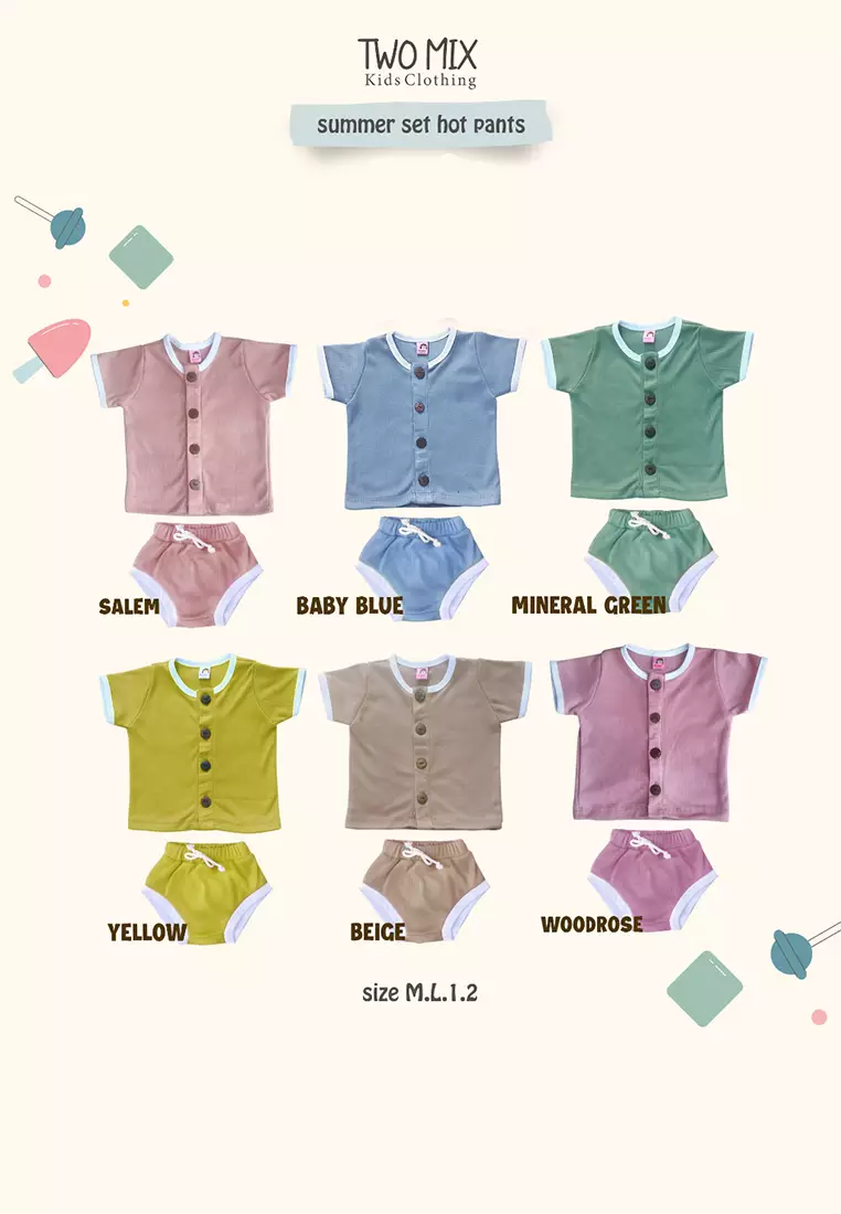 Two Mix - Setelan Baju Anak Lengan Pendek Perempuan / Laki-Laki - Stelan Anak Unisex - Summer Set Hot Pants 0-2 Tahun 4360D Mineral Green