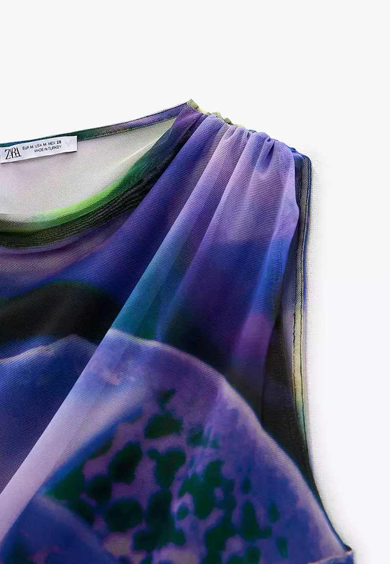 Printed Tulle Top with Draped Detail