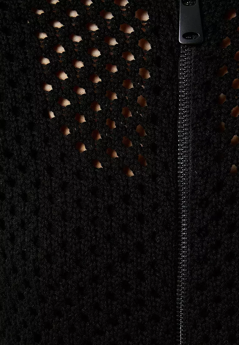 Openwork Zippered Crop Knitwear Cardigan