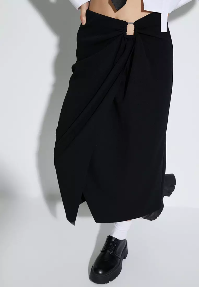Midi Skirt Metal Accessory Detail with Drape