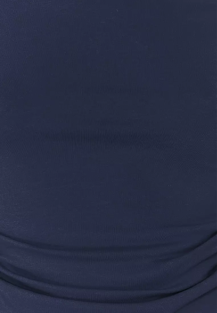 Indigo Gathered Asymmetrical Neckline Stretchy Knitted Blouse