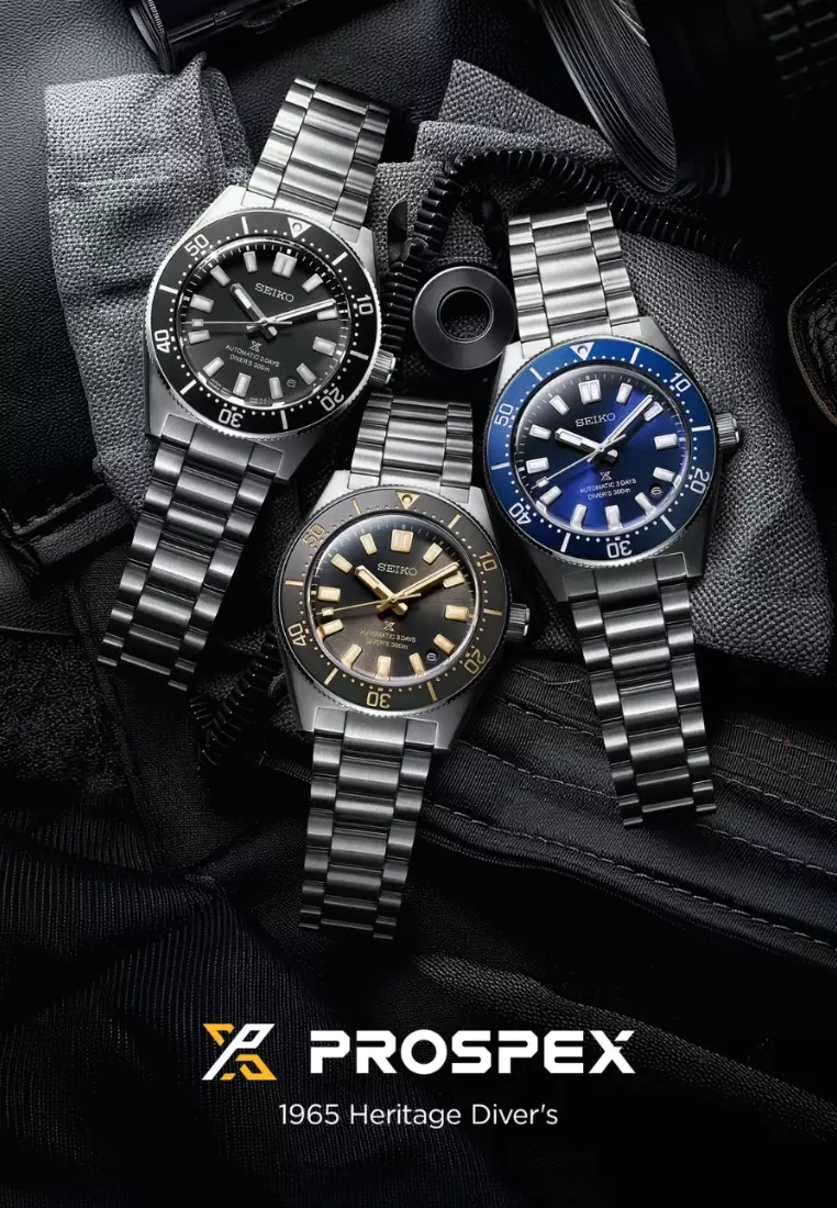 精工 Prospex 1965 Heritage 潛水員 3 天 300 m 水肺潛水藍色錶盤不鏽鋼錶帶自動錶 SPB451J1