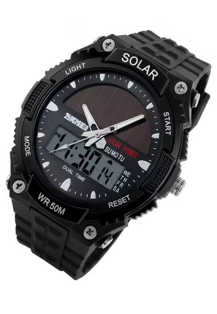 Jam Tangan Solar Digital Analog Pria LED Waterproof Strap Tali Material Silicon IU51 ORIGINAL