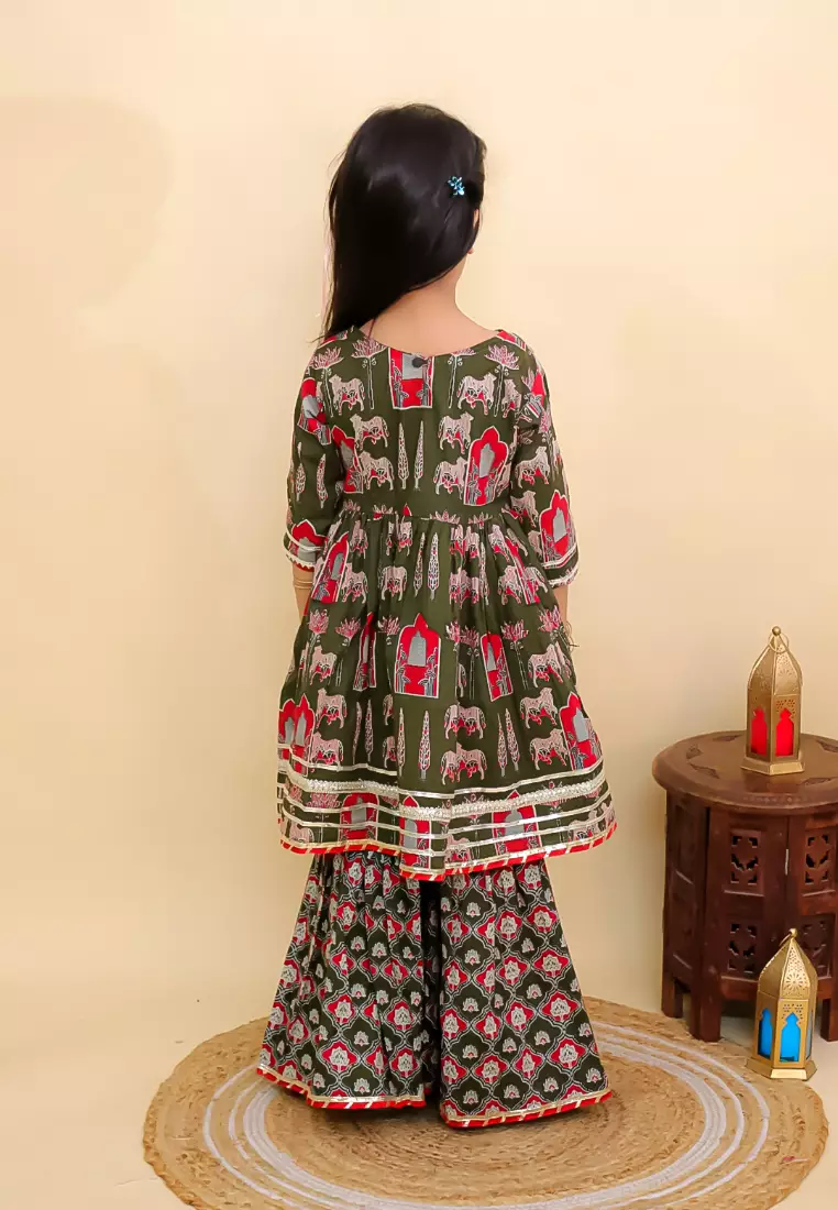 The Mom Store Girls Madhu Mala Anarkali Kurta Sharara Set - Green