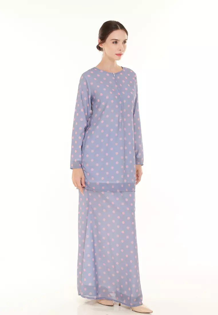 Rina Printed Kurung in Dusty Blue Polka Dot