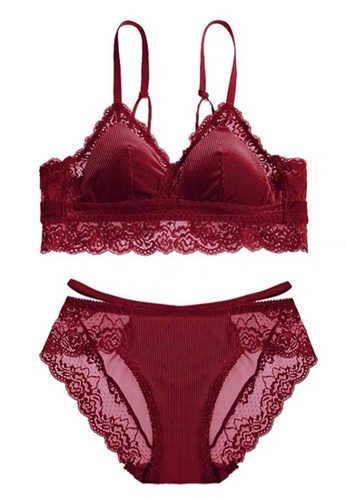 ZITIQUE Lace Triangle Cup Thin Non-Steel Beautiful Back Bra Set-Red A6576USCCC1B7CGS_1