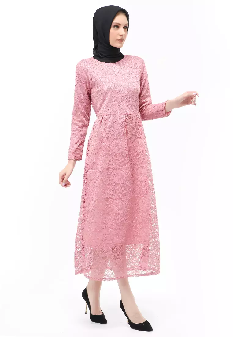 Alveera Gamis Brukat Muslimah Long Dress Regular Fit - Dusty