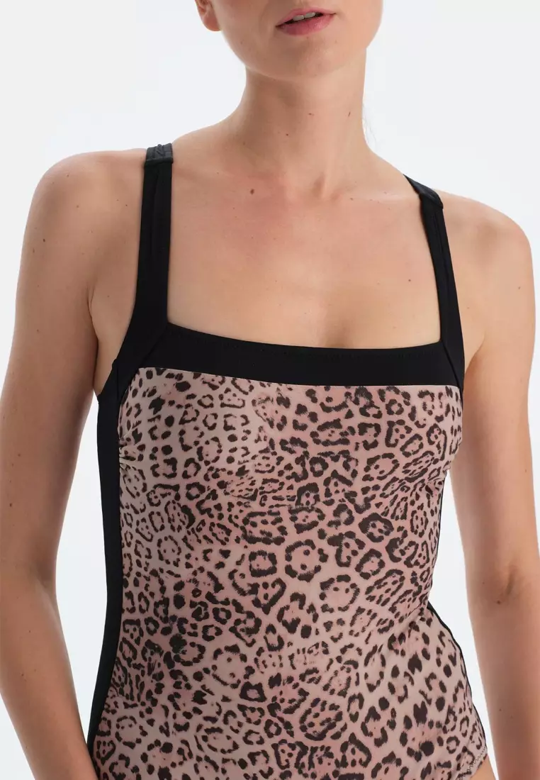 Brown Swimsuit, Leopard Patterned, U Neck, Removable Padding, Non-wired, Swimwear for Women