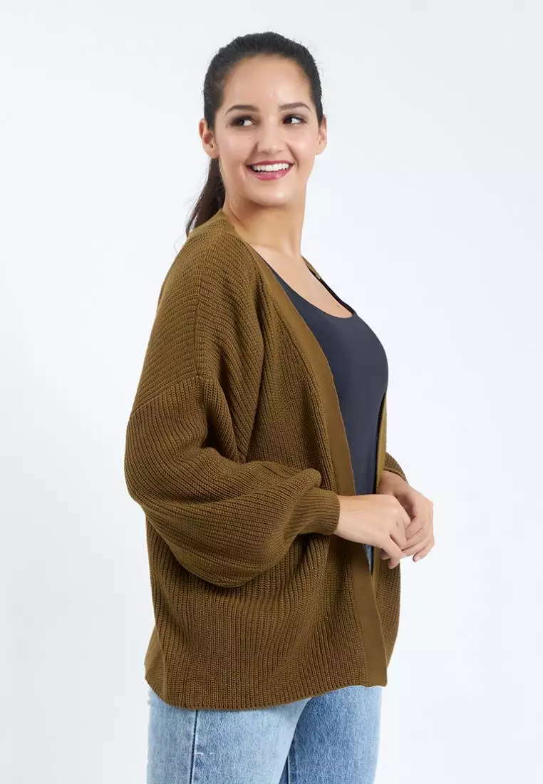 Balloon Sleeve Knit Cardigan in Brown