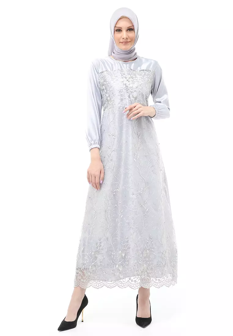 Monita Gamis Brokat Tile Wanita Muslimah Regular Fit - Grey