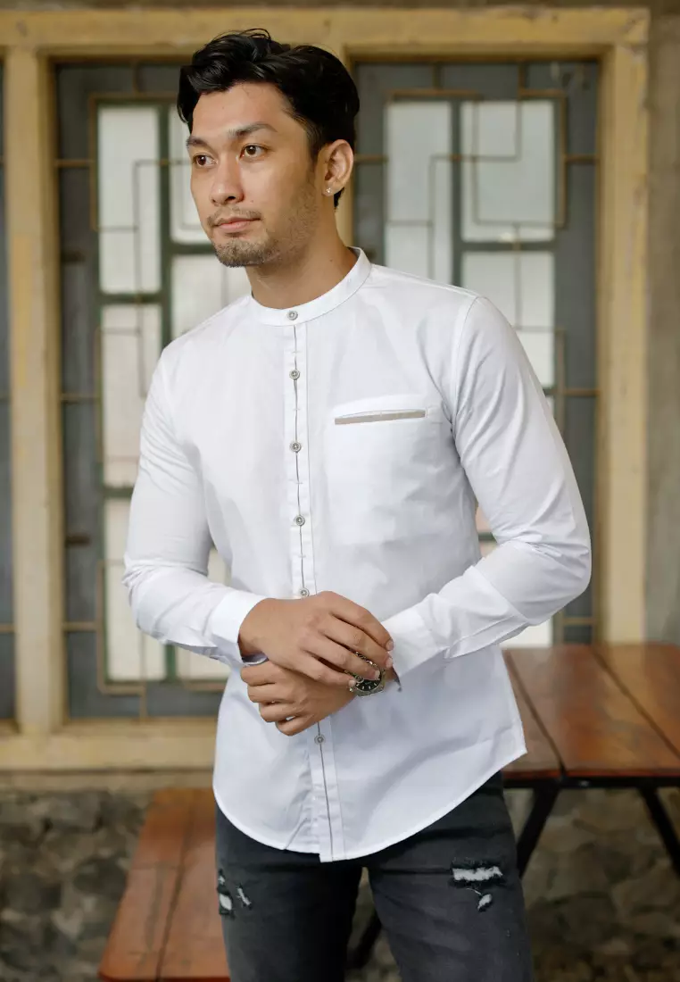 OXCON Kemeja Collarless long sleeve Dual Style Button White