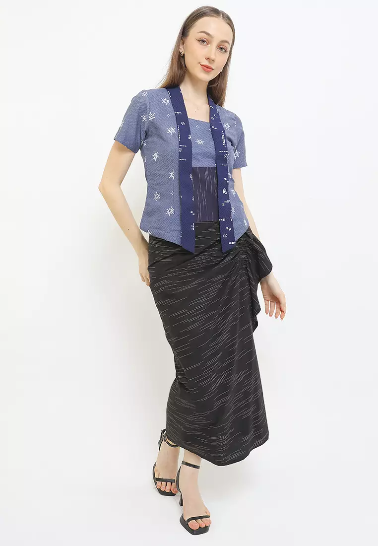Blouse Kebaya Atasan Wanita Kutubaru Erena Lengan Pendek Blue