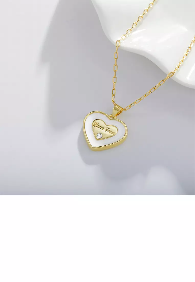 Simple and Romantic Plated Gold Enamel White Heart-shaped Pendant with Cubic Zirconia and Necklace