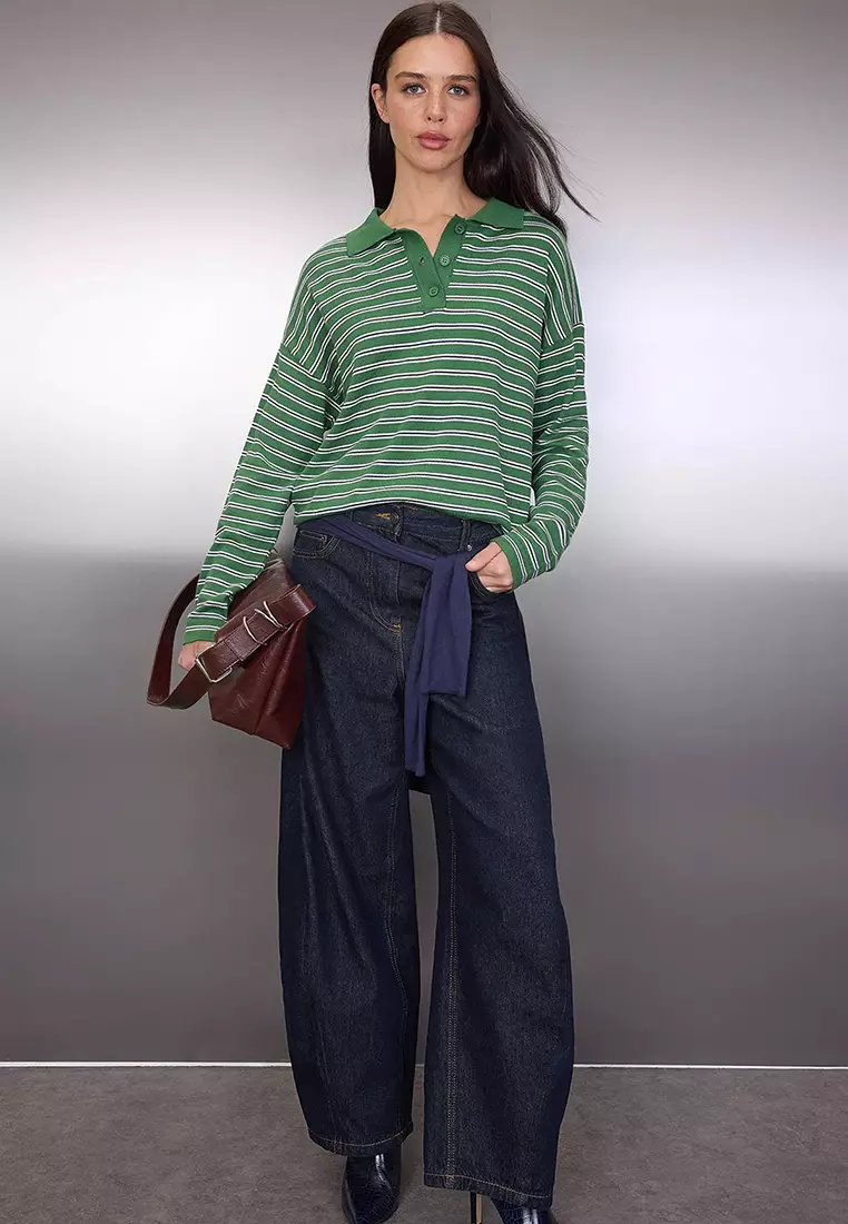 Wardrobe Essentials Green Premium Yarn/Custom Yarn Wide Fit Striped Knitwear Sweater Twoaw26Kz195