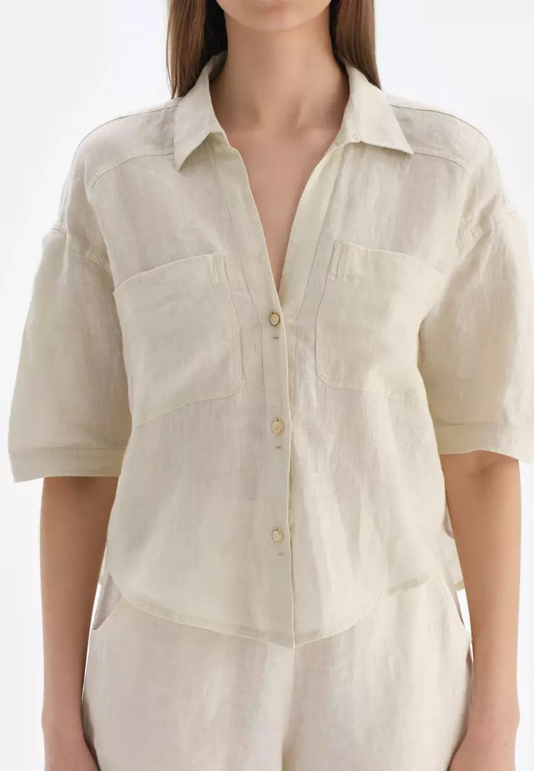 Beige Shirt, Shirt Collar, Long Sleeve Beachwear for Women