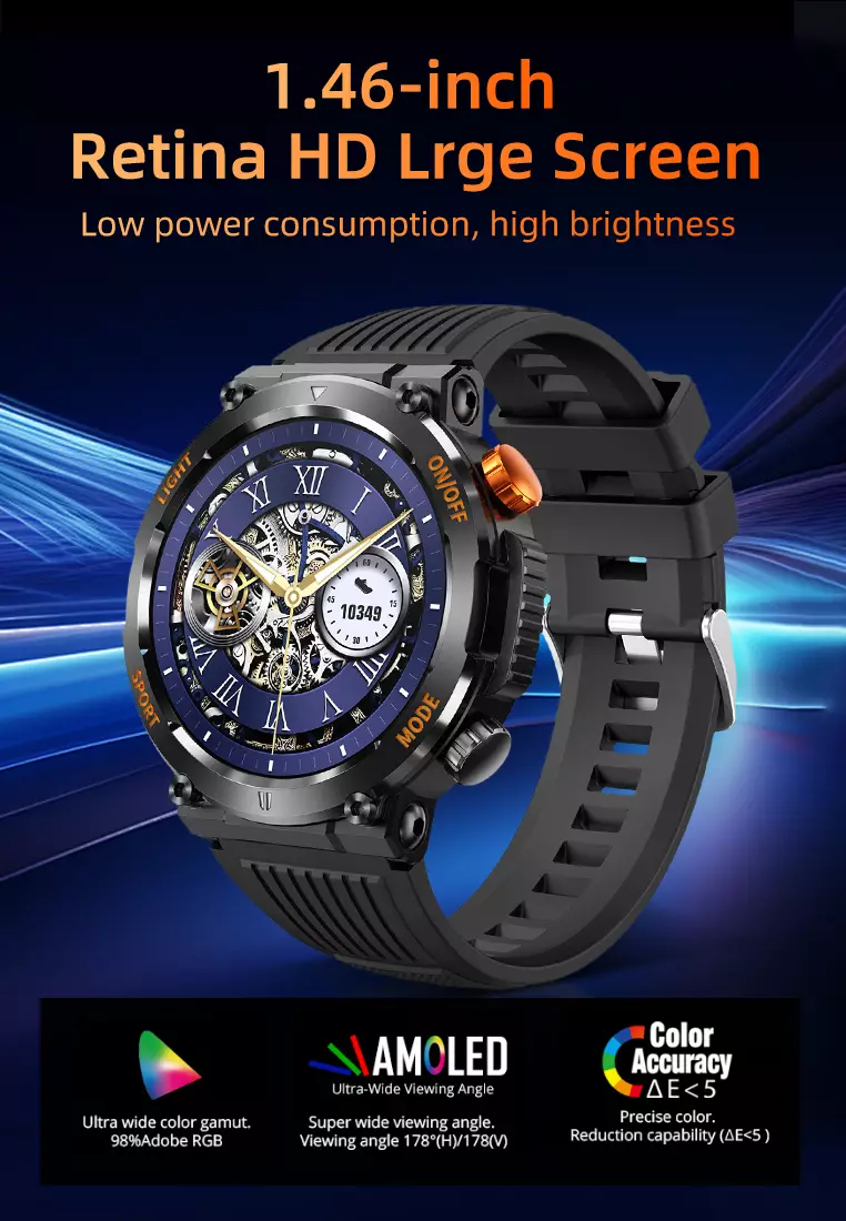 SmartWatch HT17 Anti Air Layar Terang 1.46'' Olahraga Monitor Detak Jantung Music Lampu LED Jam Tangan Pria Khaki