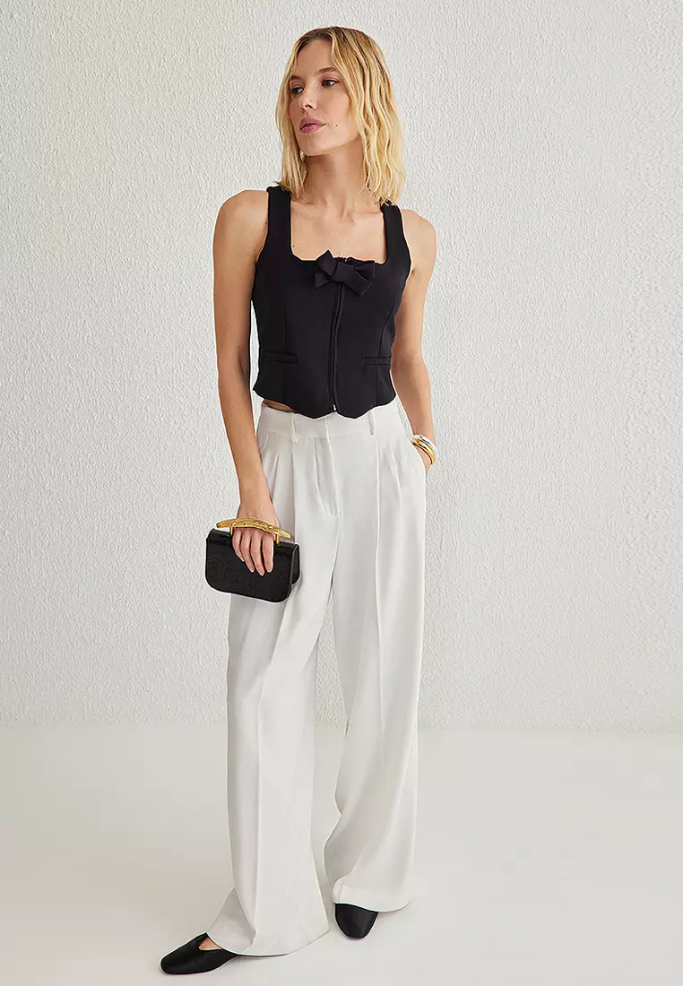 Black Regular Ribbon Detail Woven Vest