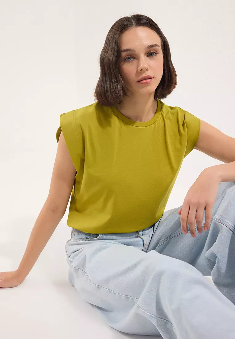 Oil green 100% Cotton Wadding Look Basic Crew Neck Knitted T-Shirt TWOSS20TS0021