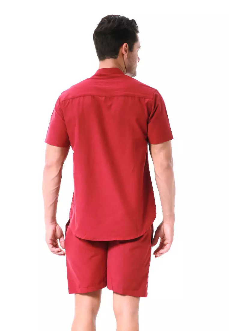 Vincent Kurta Set Pendek Motif Polos Setelan Pria Short Sleeve Material Cotton ORIGINAL - Maroon