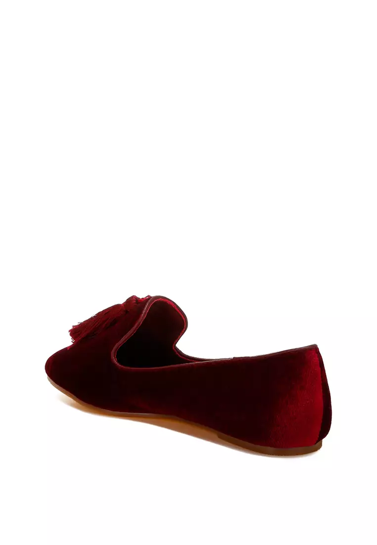 Iconic Tassel Detail Velvet Loafers in Burgundy