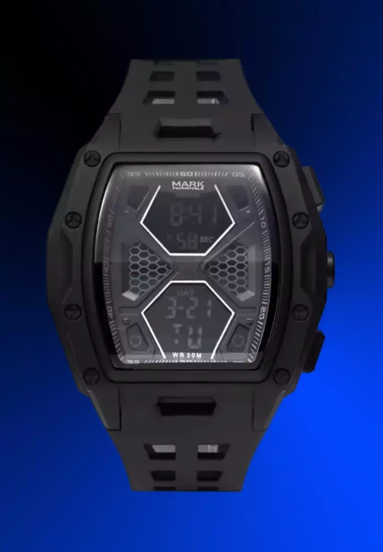 男女通用圓筒形電子表，45毫米，橡膠錶帶