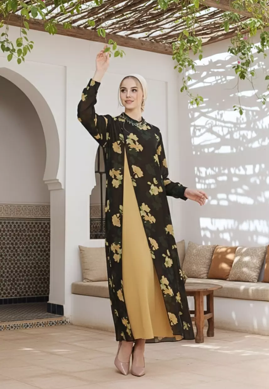 Gamis Mosleem Chiffon With Pearl And Floral Minimalis In Emerald Green By Brilliant Girl Warna HIJAU