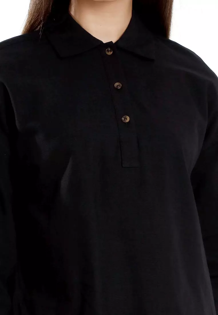Forest Ladies Cotton Linen 3/4 Sleeve Collar Blouse Women Shirt | Baju Kemeja Perempuan Lengan Panjang - 822474-01Black