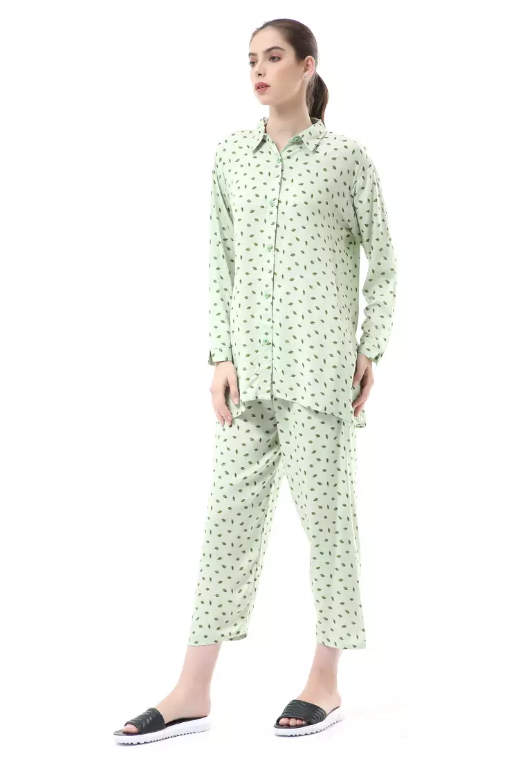 Nayra One Set Setelan Kemeja Wanita Lengan Panjang Motif Daun Full Kancing Material Rayon ORIGINAL - Green