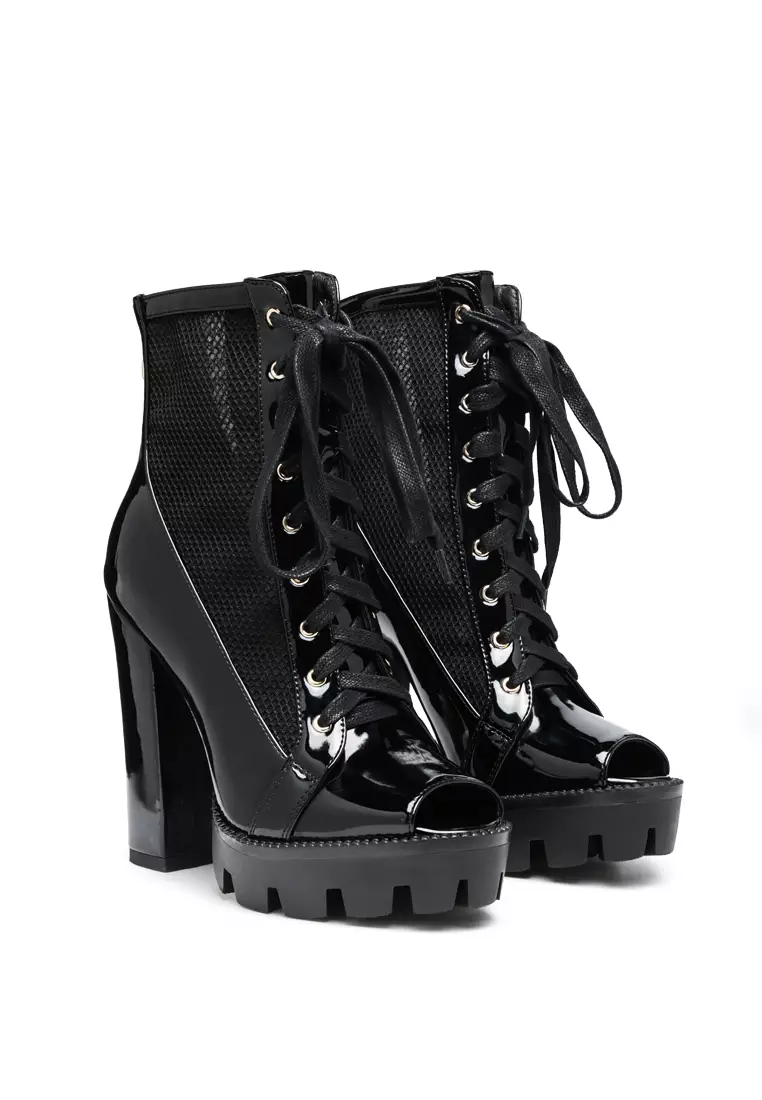 Peep Toe Lace-Up Booties in Black