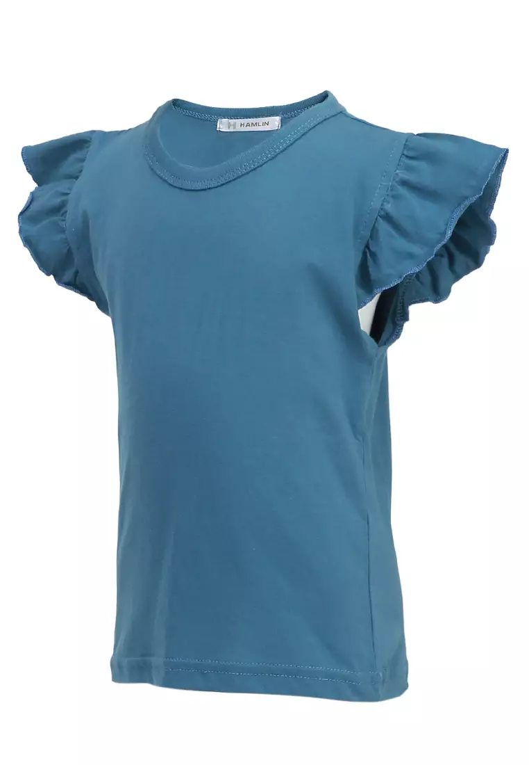 Chevelle Atasan Casual Anak Perempuan Ruffle Tee Motif Polos Short Sleeve Material Cotton ORIGINAL - Blue