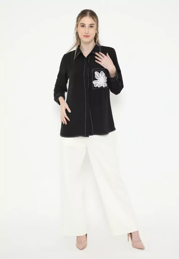Plain Shirt Black With Flowers In Pocket By Brilliant Girl Warna HITAM