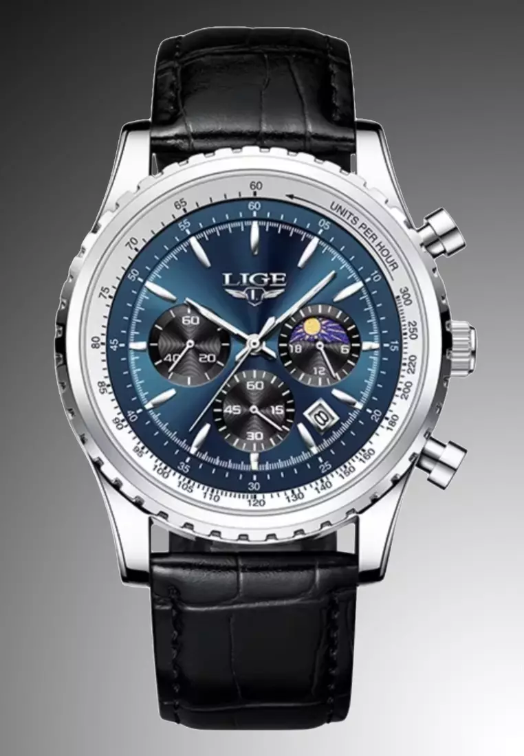 47mm Unisex Chronograph Stainless Steel Quartz Watch, Black Dial, Black Leather Strap