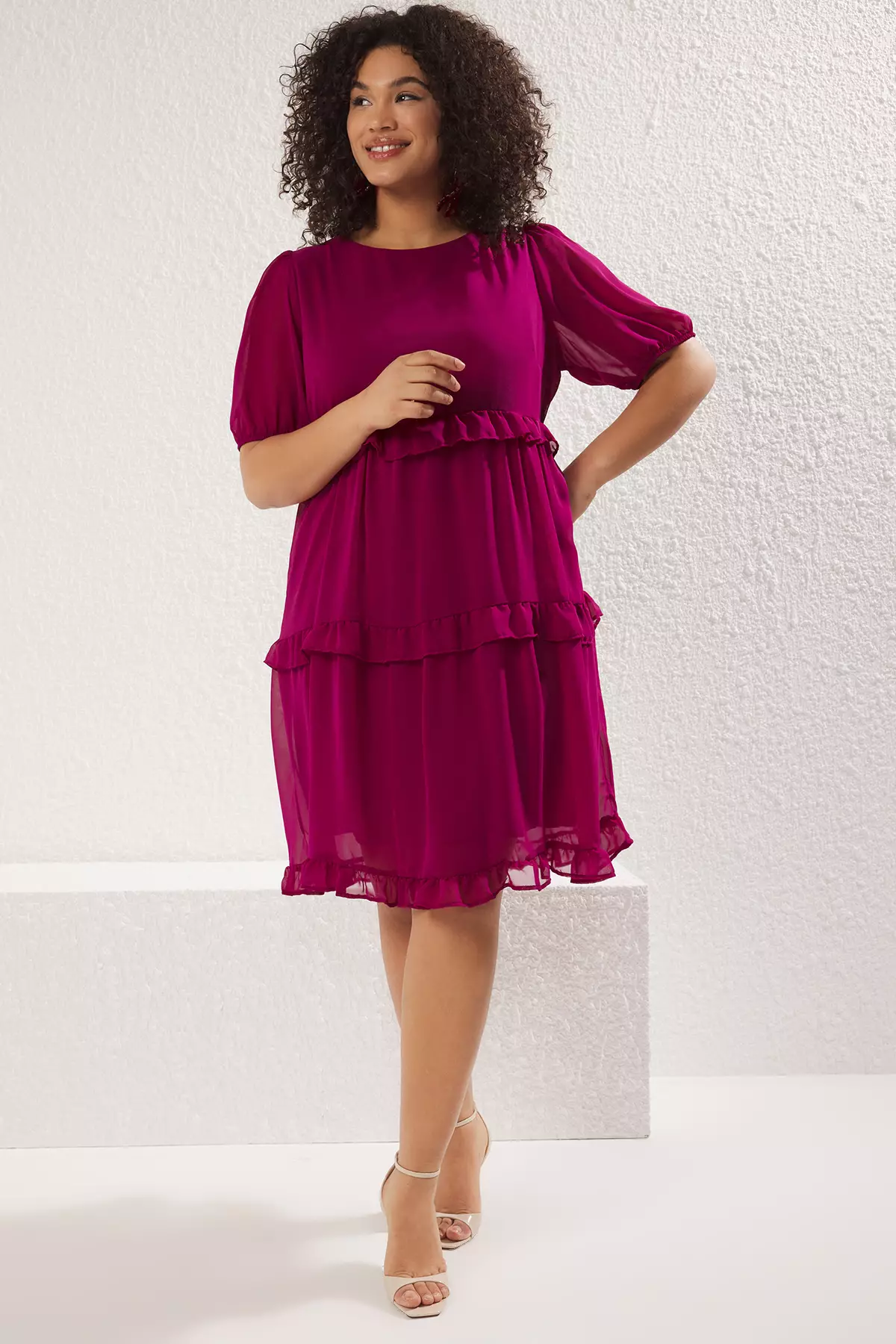 Plus Size Tulle Puff Sleeves Midi Dress