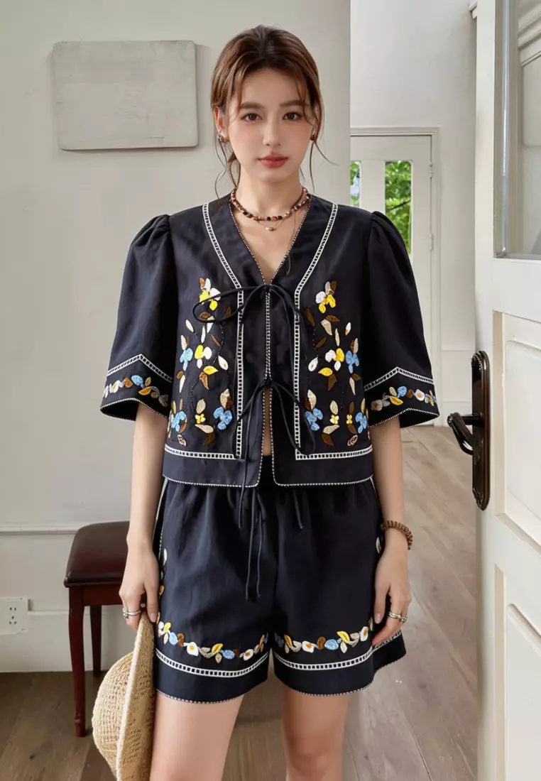 Korean style embroidered linen shirt and casual shorts set CA26033044BK