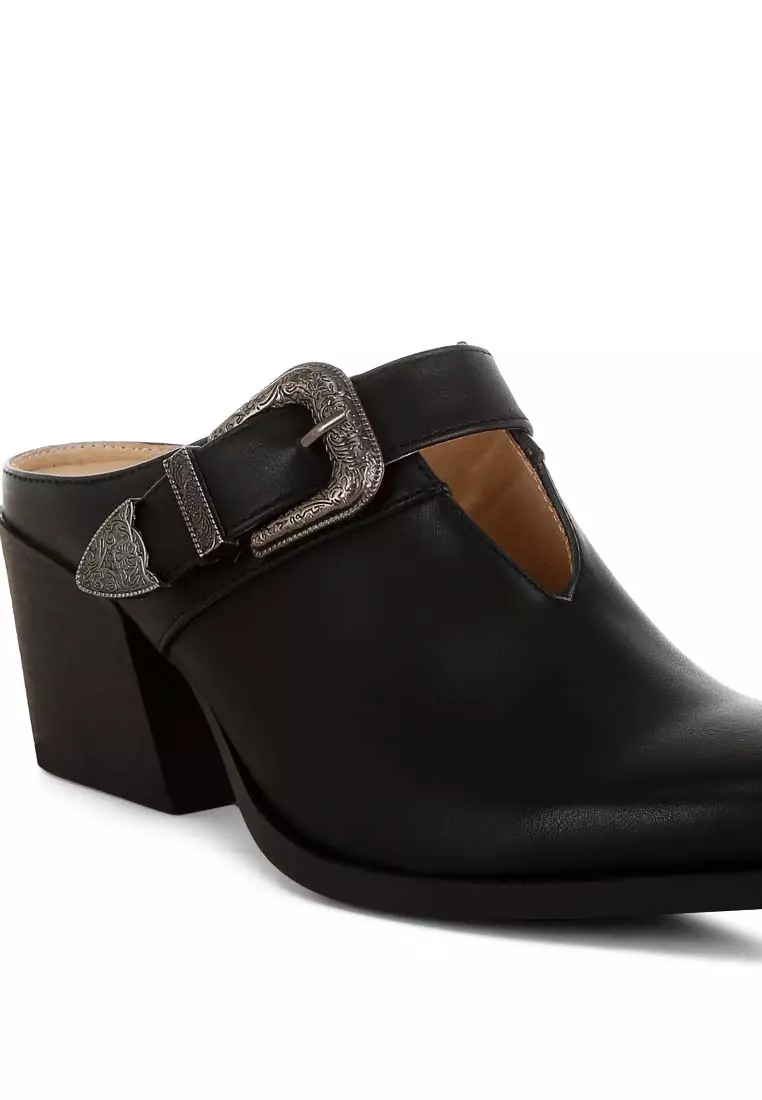 Carved Buckle Statement Mules in Black