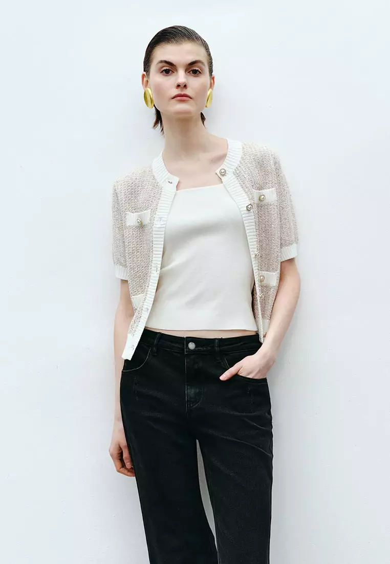 Short Sleeve Tweed Knit Cardigan With Pocket Detail