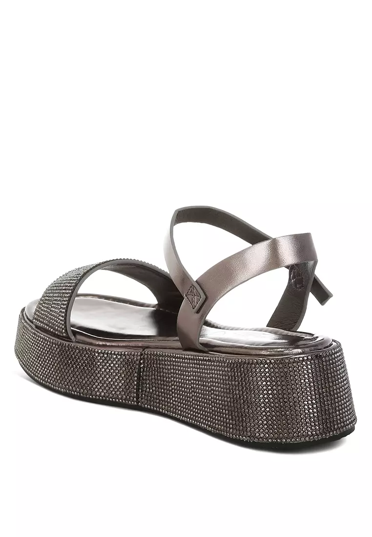Rhinestone Embellished Flatform Sandals in Pewter
