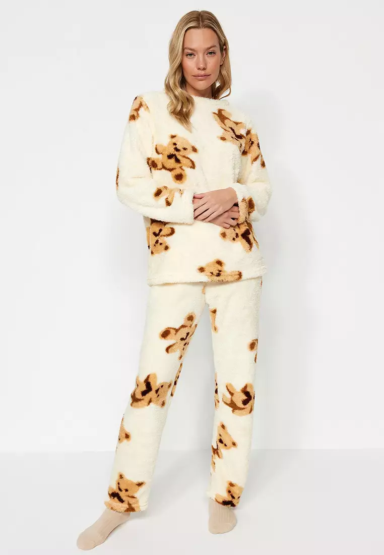 Ecru Multicolored Teddy Bear Wellsoft Winter Knitted Pajama Set THMAW24PT00191