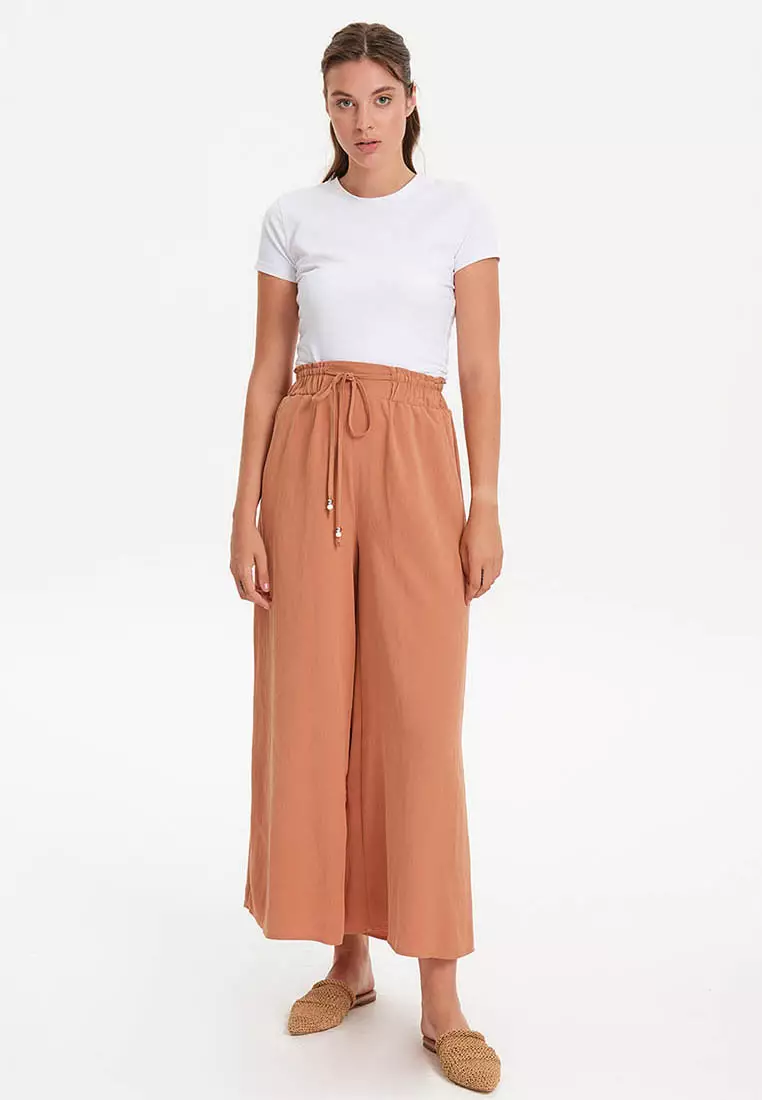 Elastic waist shop wide leg trousers