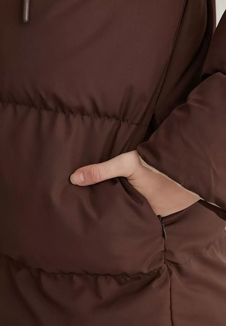 Dark Brown Ecru Double Sided Regular Fit Hooded Water Repellent Long Down Coat